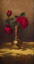Red Roses in a Japanese Vase on a Gold Velvet Cloth