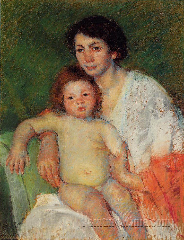 Nude Baby on Mother's Lap Resting Her arm on the Back of the Chair