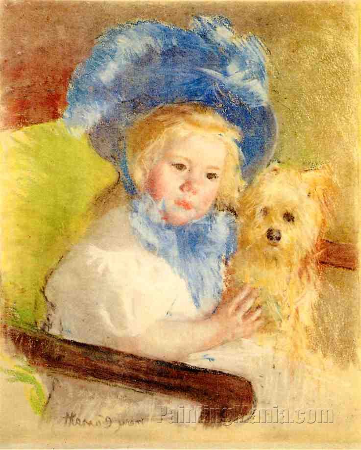 Simone in a Large Plumed Hat, Seated, Holding a Griffon Dog
