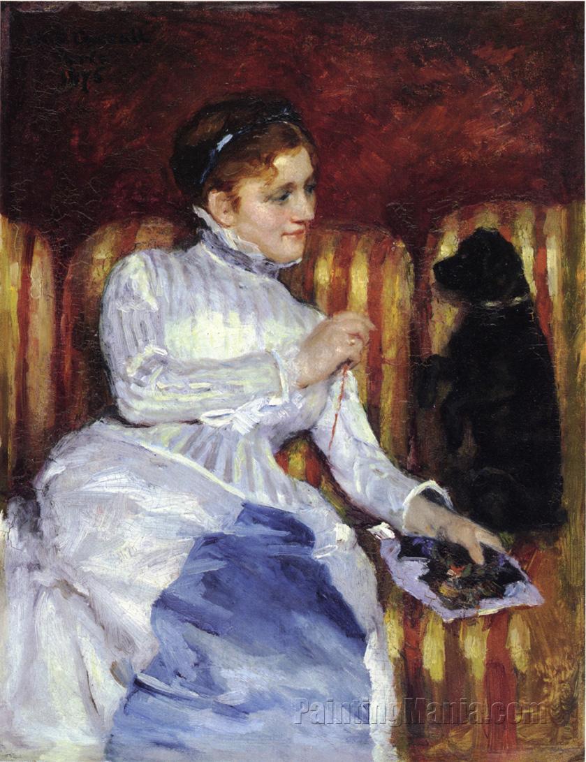 Young Woman on a Striped Sofa with Her Dog