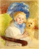 Simone in a Large Plumed Hat. Seated. Holding a Griffon Dog