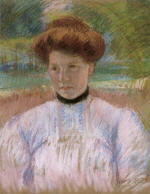 Young Woman with Auburn Hair in a Pink Blouse