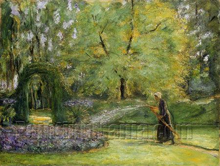 The Circular Bed in the Hedge Garden with a Woman Watering Flowers