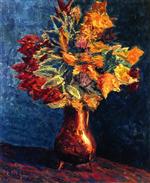 Bouquet of Autumn Leaves in a Copper Pitcher