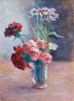 Vase of Flowers, Red Carnations And Roses