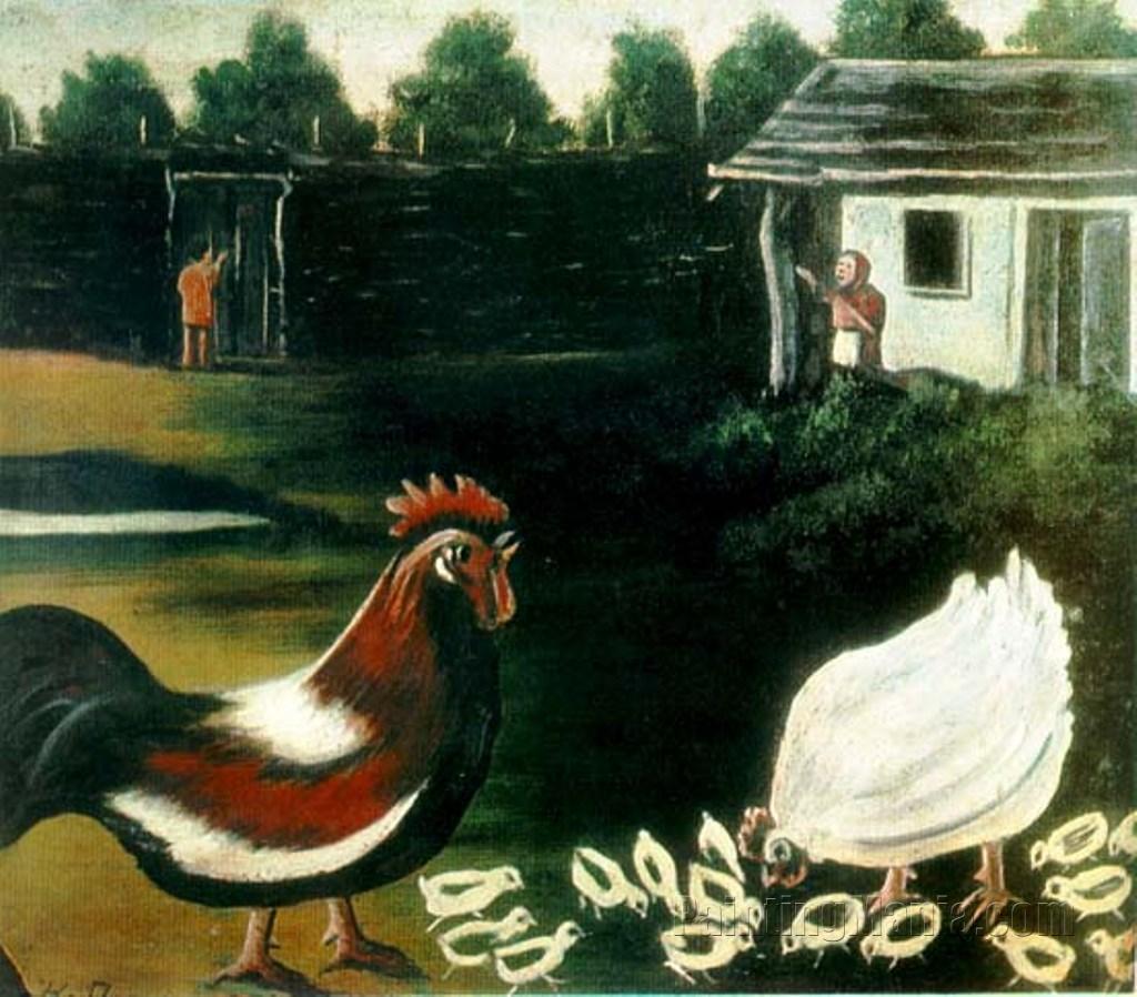 Rooster and Hen with Chickens 1917