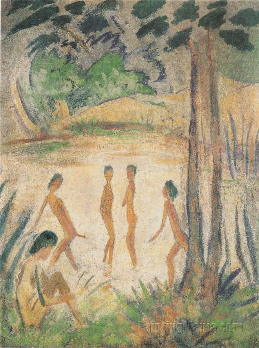 Five Bathers in a Lake Landscape