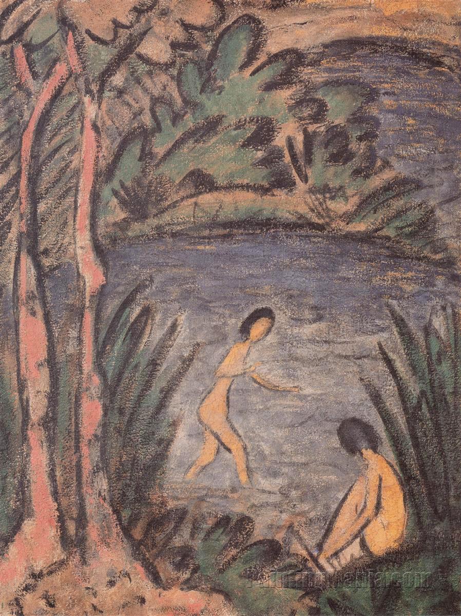 Sitter and Bathers with Two Trees