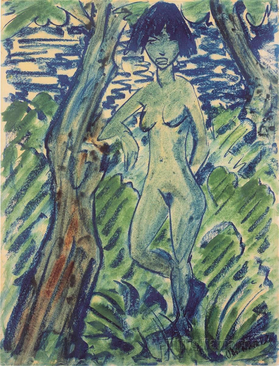 Standing Female Nude between Trees