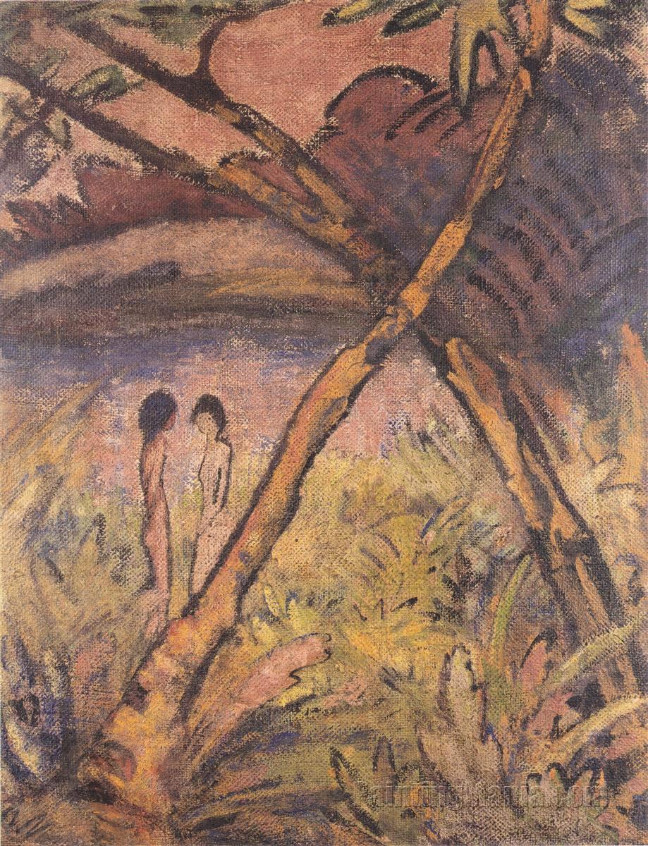 Two Girl Nudes and Crossed Trunks at the Forest Pond