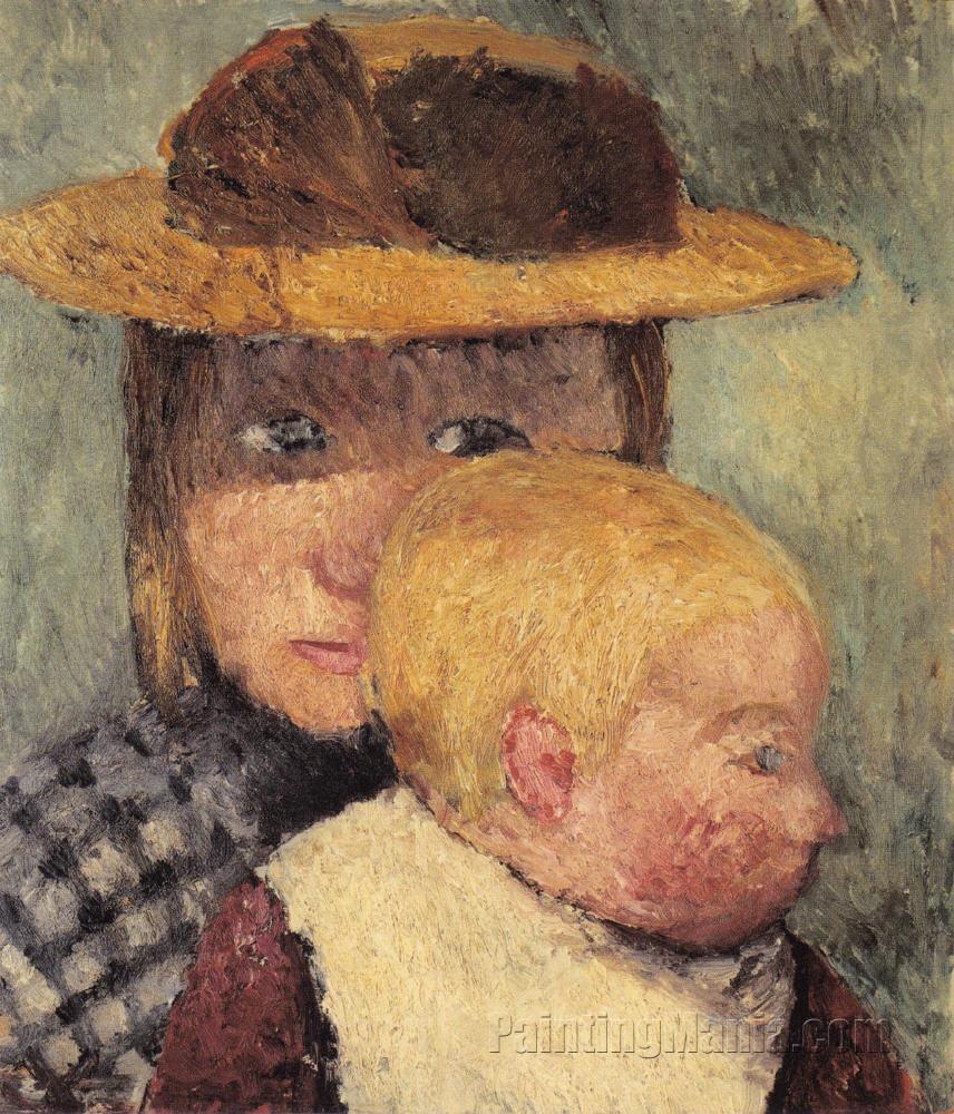 Brustbild eines Madchens mit Strohhut und Kind im Profil (auch Sonnige Kinder)
