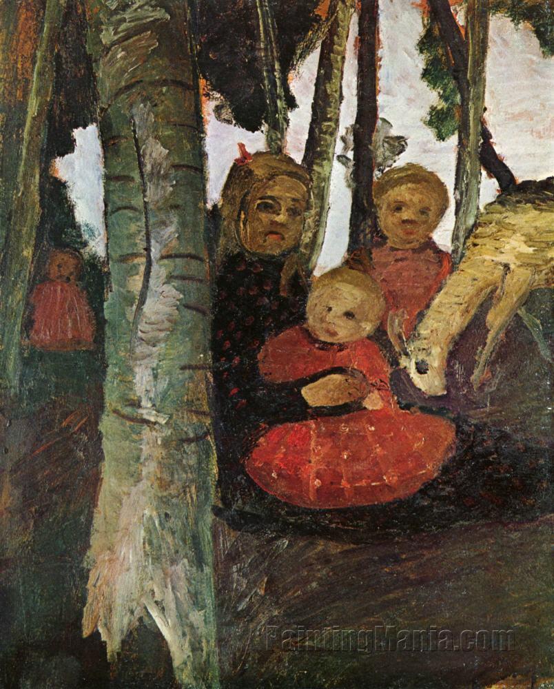 Drei Kinder mit Ziege im Birkenwald