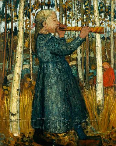 Girl Blowing Flute in the Birch Forest
