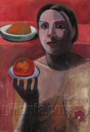 Halbakt einer Italienerin mit Teller in der erhobenen Hand, Herbst