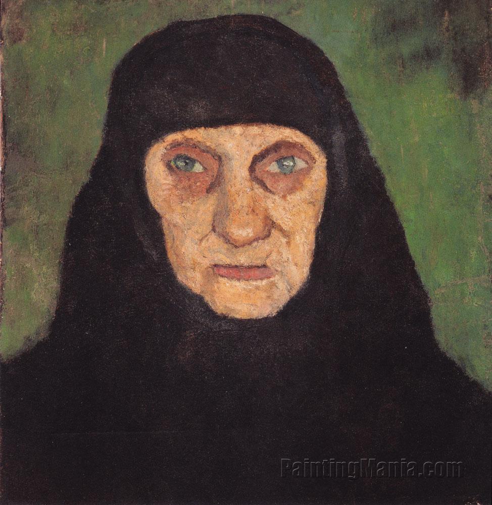 Kopf einer alten Frau mit schwarzem Kopftuch