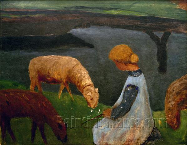 Seated Girl with Sheep at the Pond I