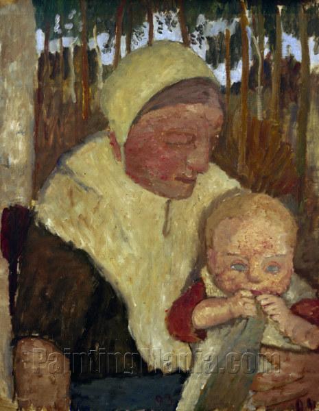 Sitzende Bauerin mit Kind vor Birken