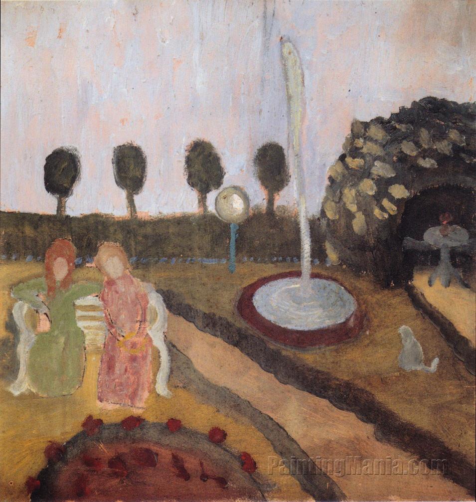 Two Women in the Garden with a Fountain