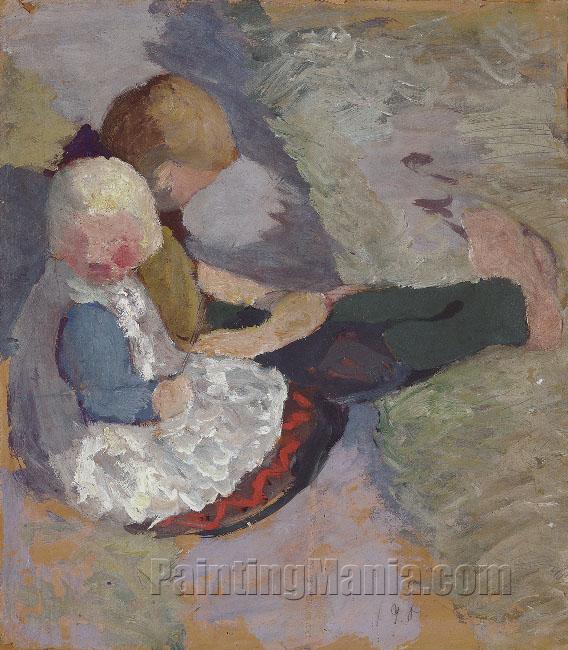 Zwei Kinder auf einer Wiese sitzend