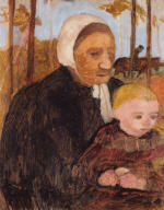 Bauerin mit Kind, im Hintergrund ein Reiter