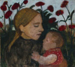 Madchen mit Kind vor roten Blumen