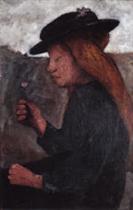 Sitzendes Madchen mit schwarzem Hut und Blume in der rechten Hand