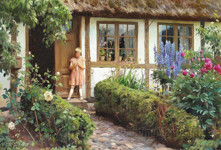 A girl in a pink dress on the step of a farmhouse