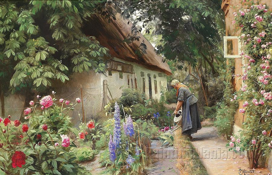 An old woman watering the flowers behind a thatched farmhouse