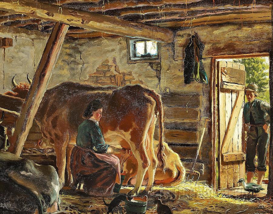 In the stable a girl is milking and a young man is watching