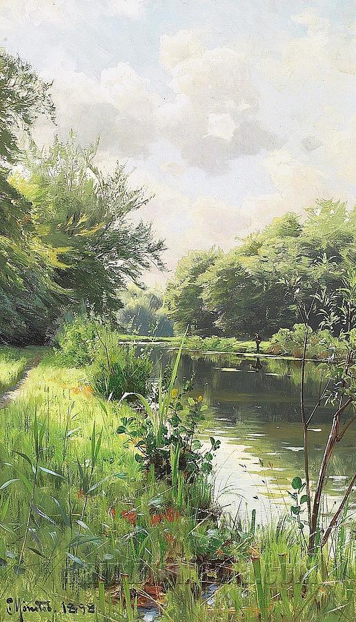 Summer in the woodlands at a stream with a boy fishing in the distance
