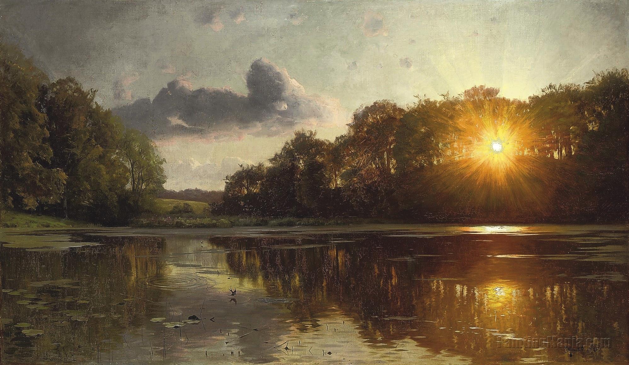 Sunset Over a Forest Lake