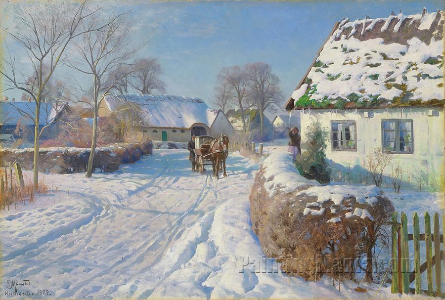 A Village in the Snow - Peder Mork Monsted Paintings