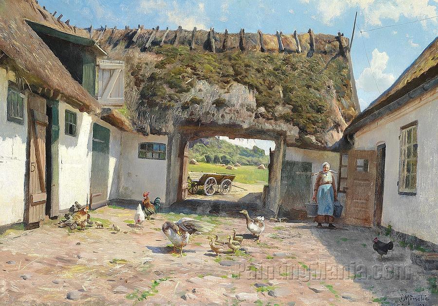 A woman among her hens and geese in a sunlit farmyard