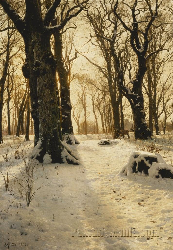 A Wooded Winter Landscape with Deer