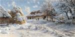 Snowy Village Landscape with Sledding Children