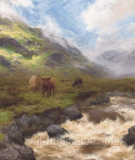Highland Cattle by a Stream in Full Spate