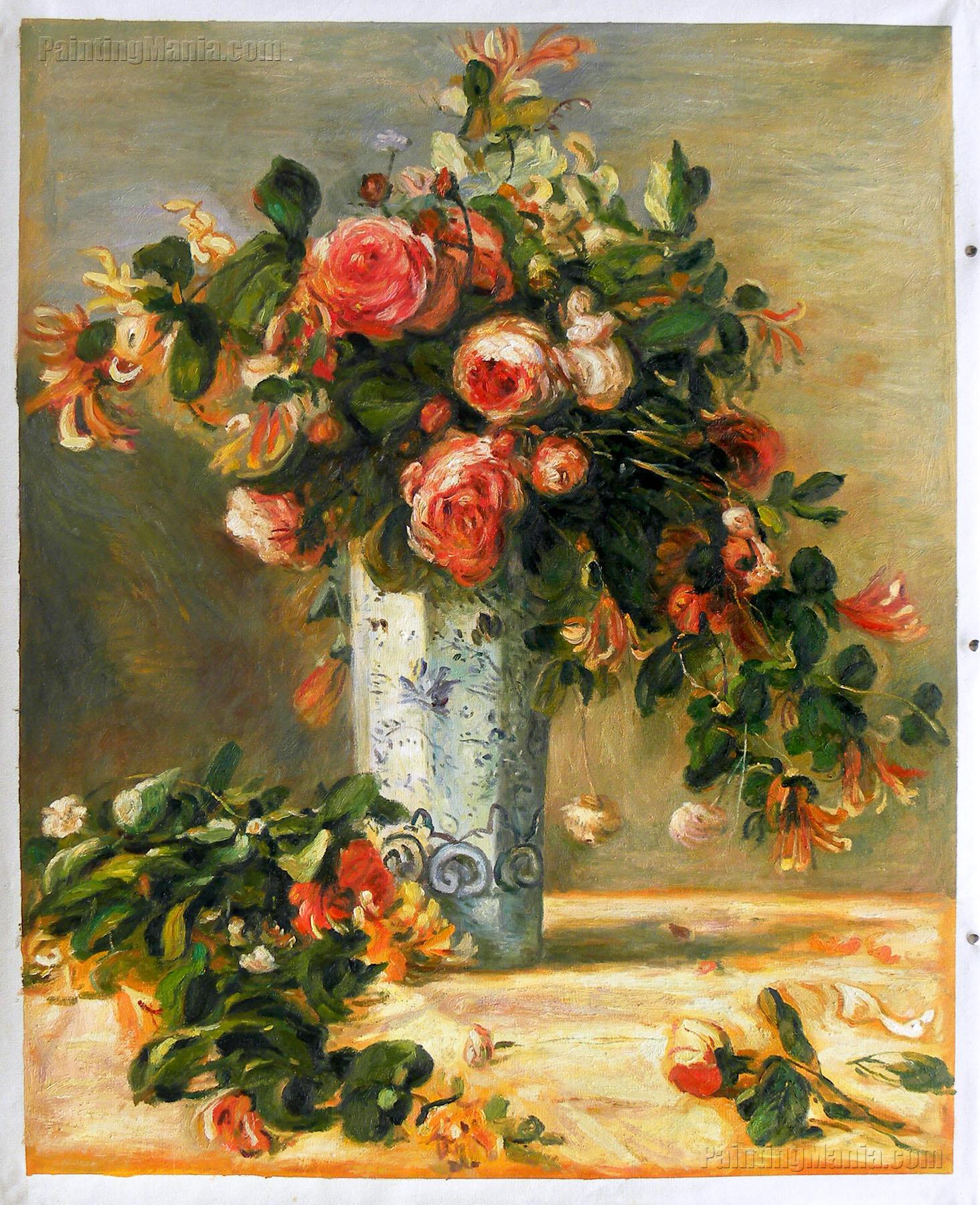Roses and Jasmine in a Delft Vase