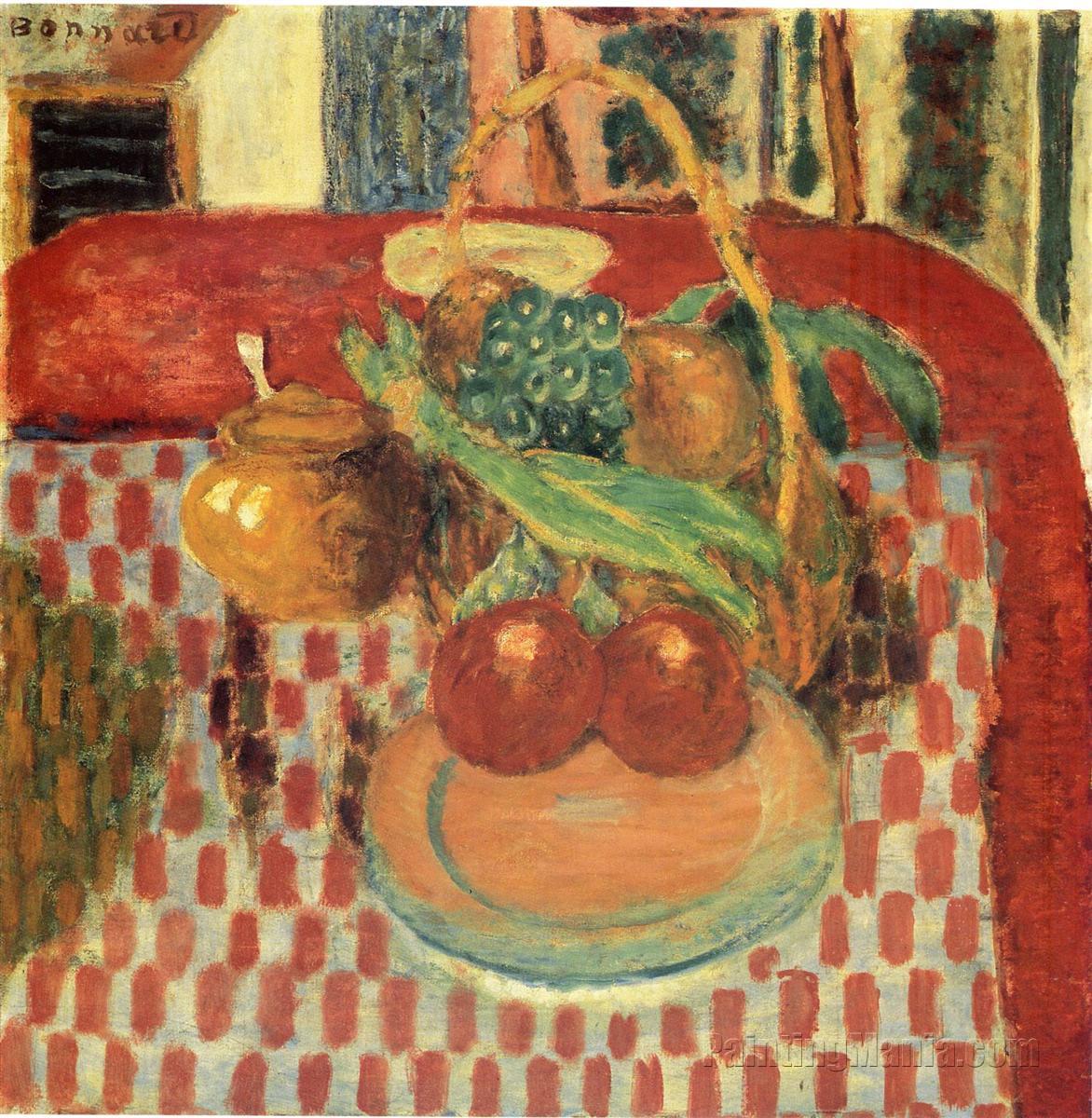 Basket and Plate of Fruit on a Red Checkered Tablecloth