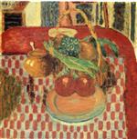 Basket and Plate of Fruit on a Red Checkered Tablecloth