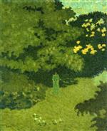 Woman in a Green Dress in a Garden