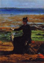 Portrait of a Seated Lady in Black. on a Beach