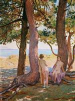 Two Female Nudes under Pine Trees