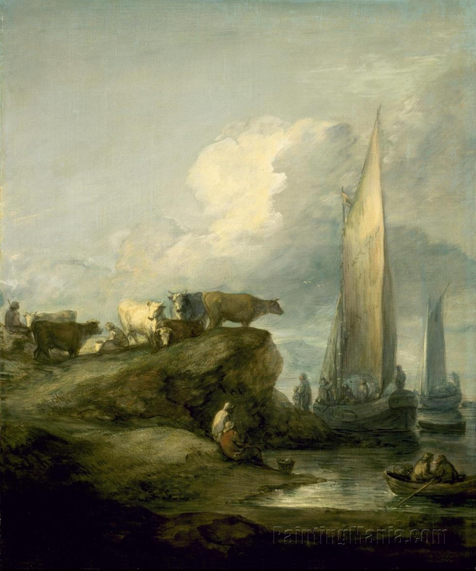 Coastal Scene with Shipping and Cattle