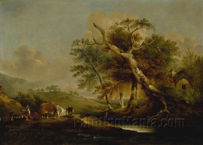 A Landscape with a Seated Figure, Cattle, and Sheep by the Water