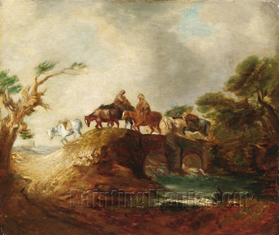Reiter mit ihren Lastpferden auf einer Brucke