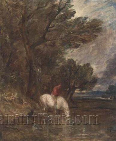 A Wooded Landscape with a Boy Watering a Grey Pony