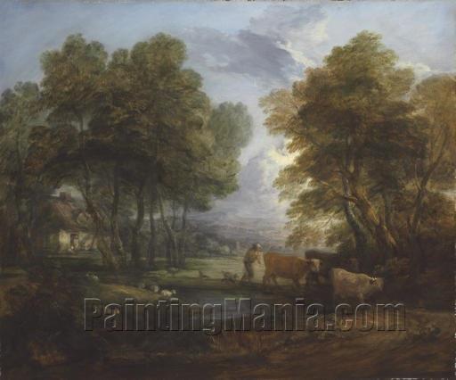 A Wooded Landscape with a Herdsman, Cows and Sheep near a Pool