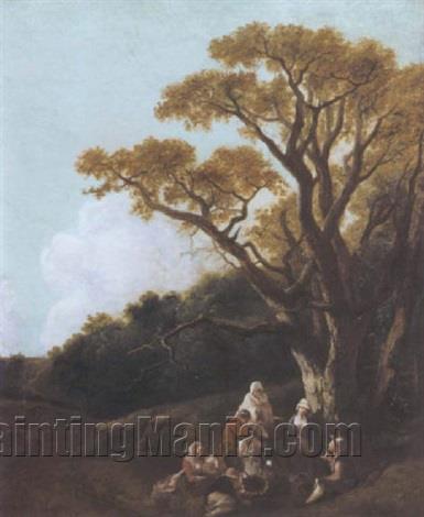 Wooded Landscape with Pheasants and Donkey Round a Fire, Figures and Distant Church