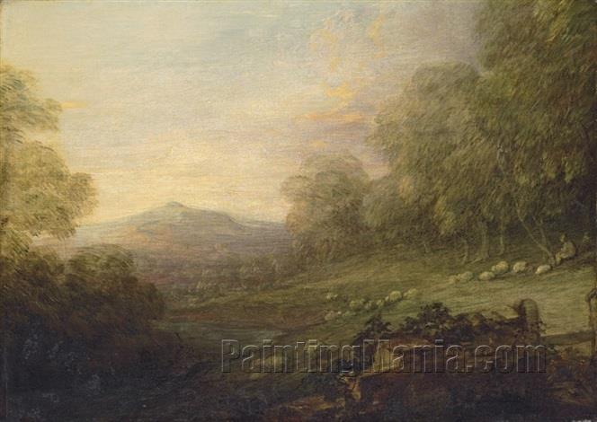 Wooded landscape with a shepherd and sheep on a slope by a river