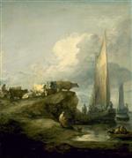 Coastal Scene with Shipping and Cattle